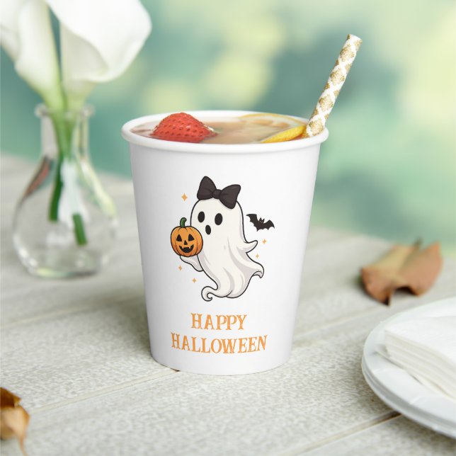 Gobelets En Papier Ghost mignon avec Bow et Citrouille | Halloween (Insitu)