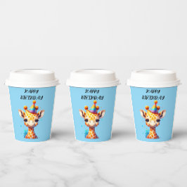 Gobelets En Papier Girafe bébé avec chapeau de fête d'anniversaire bl