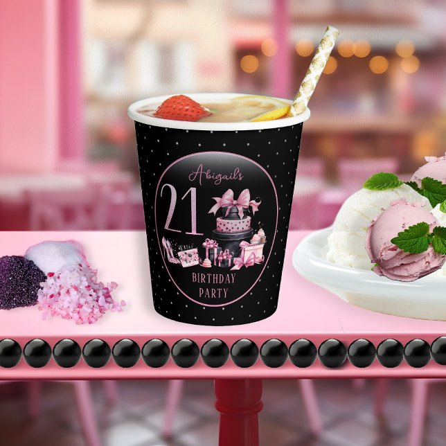 Gobelets En Papier Glam Pink Black Fashion 21ème anniversaire (Glam Pink and Black French Couture Fashion 21st Birthday Party Paper Cups)