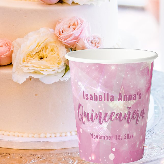 Gobelets En Papier Glam rose moderne étincelant Starry Quinceañera (Créateur téléchargé)