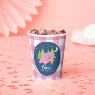 Gobelets En Papier Glamping Girl Camping Anniversaire fête rose plaid