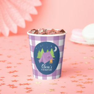 Gobelets En Papier Glamping Girl Camping Anniversaire fête violet pla