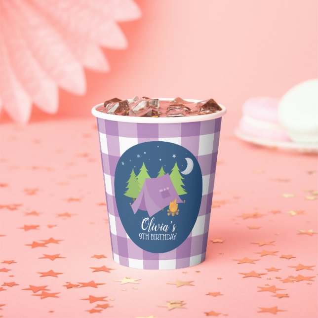 Gobelets En Papier Glamping Girl Camping Anniversaire fête violet pla (Insitu)