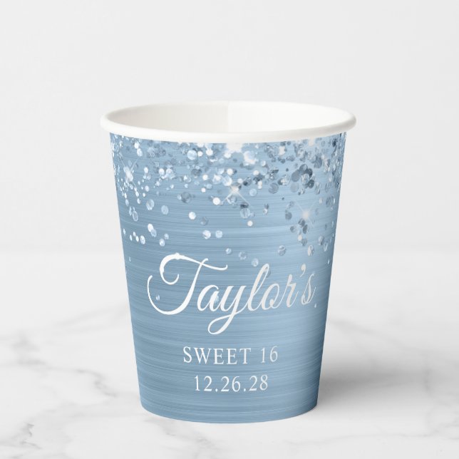 Gobelets En Papier Glitterie Léger Bleu Foil Douce 16 (Gauche)