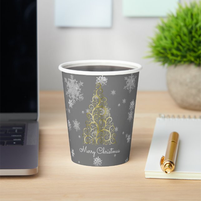 Gobelets En Papier Gold Christmas Tree et Snowflakes Paper Cup (Insitu)