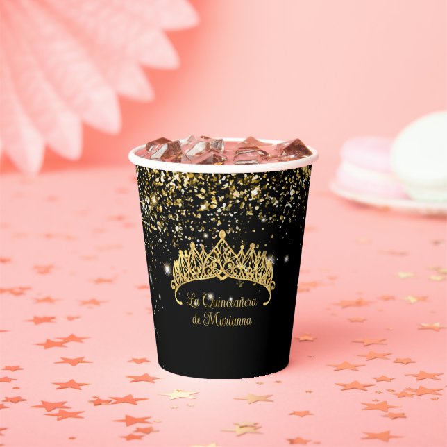 Gobelets En Papier Gold Confetti Quinceanera Tiara (Insitu)
