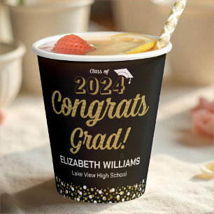 Gobelets En Papier Gold Foil Script Confetti Congrats Grad Noir