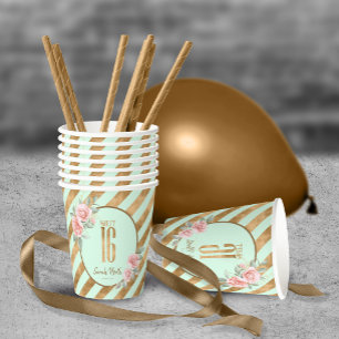 Gobelets En Papier Gold Foil Stripes Floral Mint Green ID757