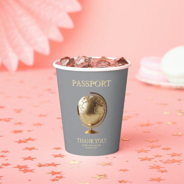 Gobelets En Papier Gold Globe Passport Travel Baby Shower (Insitu)