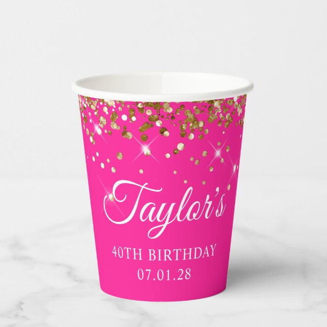 Gobelets En Papier Gold Parties scintillant Hot rose 40e anniversaire (Gauche)
