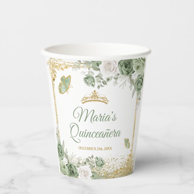 Gobelets En Papier Gold Quinceañera Sage Green Crown Butterfly (Recto)