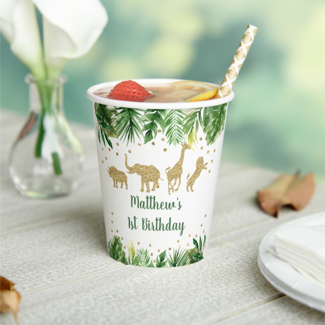 Gobelets En Papier Gold Safari Animal Green Anniversaire (Insitu)
