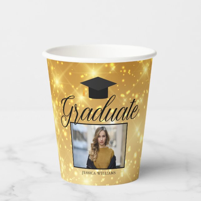 Gobelets En Papier Gold Sparkle Graduation Photo Chic Custom Party (Recto)