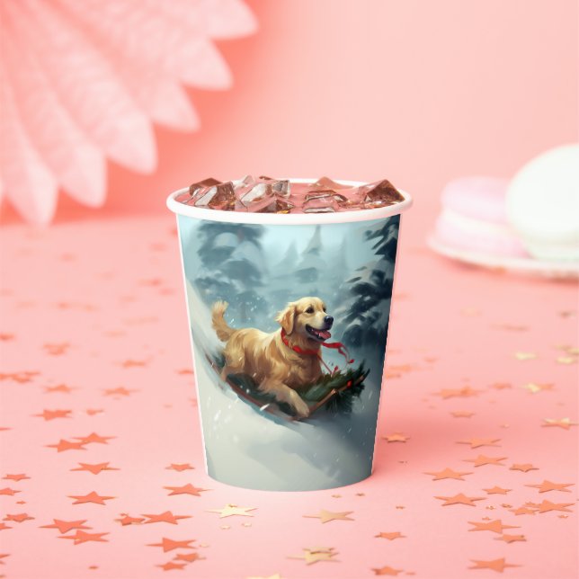 Gobelets En Papier Golden Retriers Noël neige hiver (Insitu)