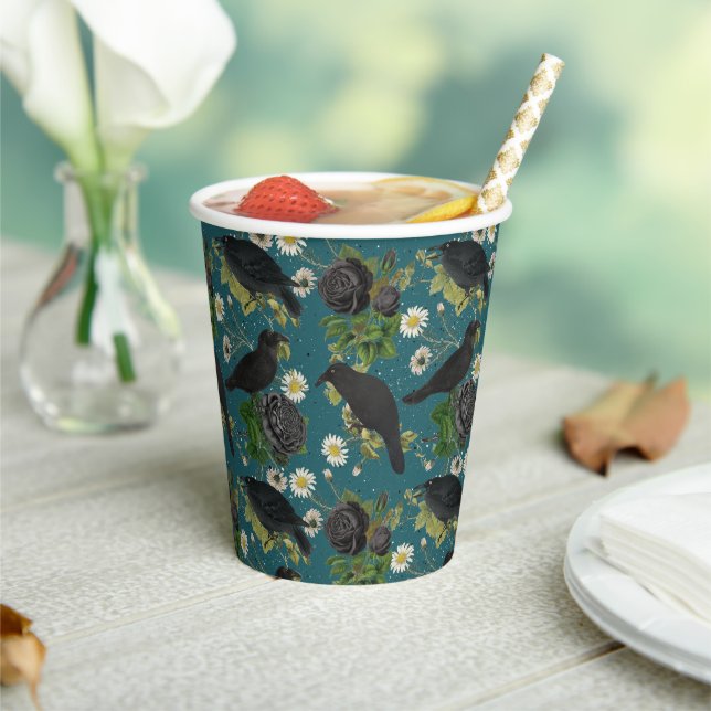 Gobelets En Papier Goth Crows et Roses noirs Profond Turquoise Motif (Insitu)