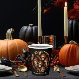 Gobelets En Papier Gothique Crâne Noir Rose Couronne Halloween Party