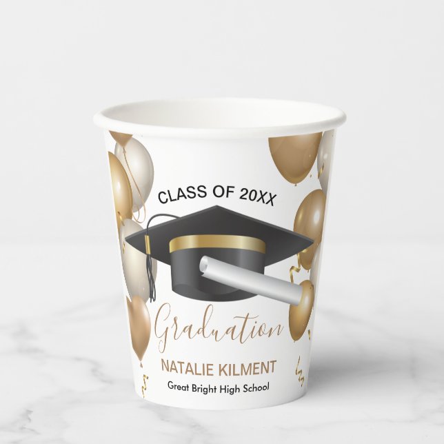 Gobelets En Papier Graduation de Casquette noir et or 2022 (Recto)