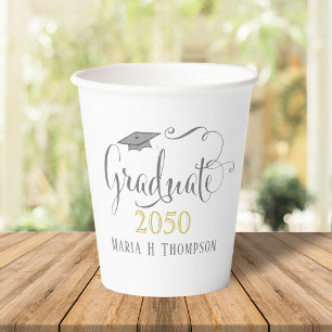 Gobelets En Papier Graduation moderne Élégant Script Black Gold