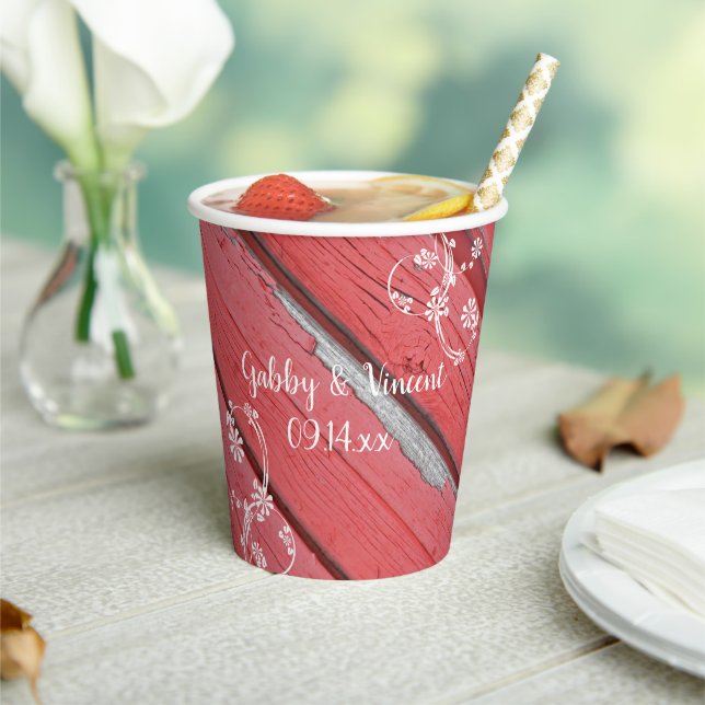 Gobelets En Papier Grange Rouge Rustique Bois Blanc Fleurs Mariage Ch (Insitu)