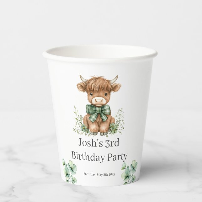 Gobelets En Papier Green Highland Cow fête d'anniversaire (Recto)