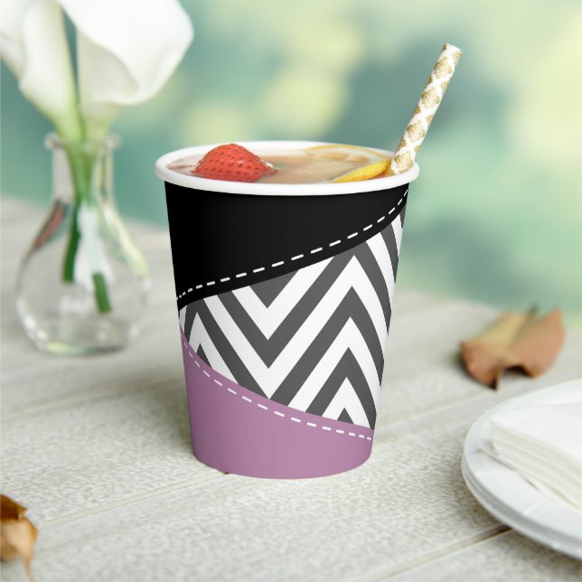 Gobelets En Papier Gris Zigzag, Gris Chevron, Motif Zigzag, Violet (Insitu)