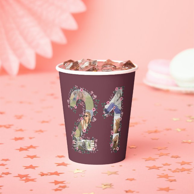 Gobelets En Papier Grosse 21e anniversaire Pink Flower Photo Collage  (Insitu)