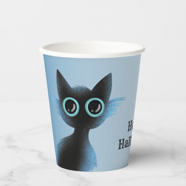Gobelets En Papier Halloween Big Eyes Black Blue Evil Chat (Recto)