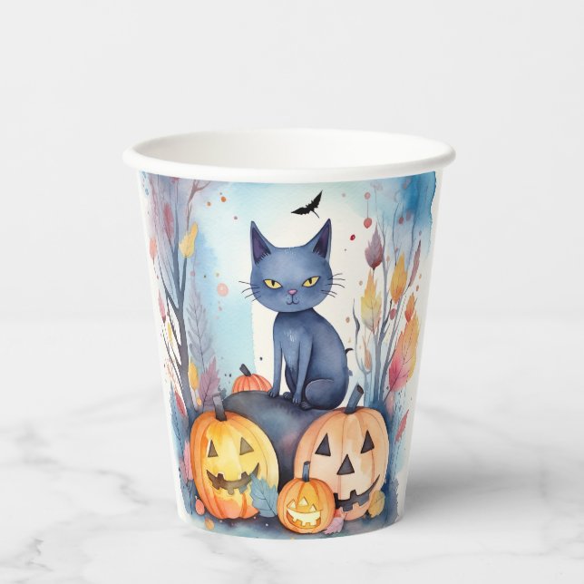 Gobelets En Papier Halloween Chat Bleu Oriental Avec Peur Citrouille (Recto)