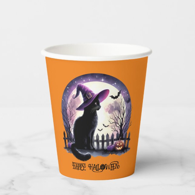 Gobelets En Papier Halloween Chat Noir sorcière et chauves-souris (Recto)