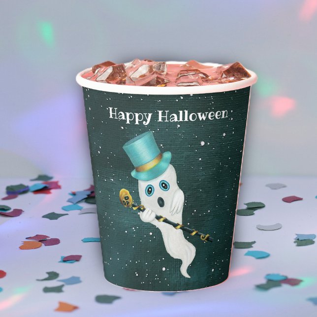 Gobelets En Papier Halloween fantôme en haut Chapeau Silly Face Gold  (Ghost silly face, top hat, skull cane floating in night sky on Halloween paper party cups.)