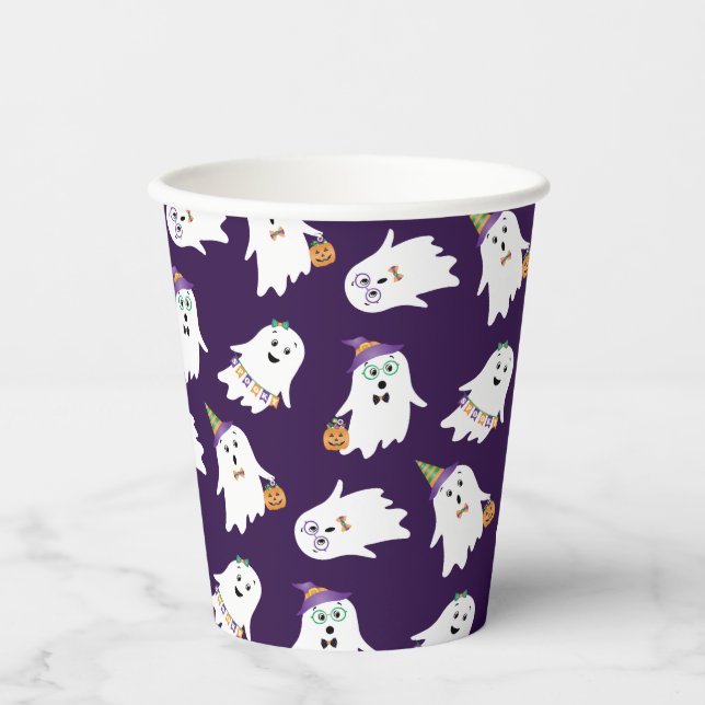 Gobelets En Papier Halloween Fantômes Tricoter Ou Traiter (Recto)