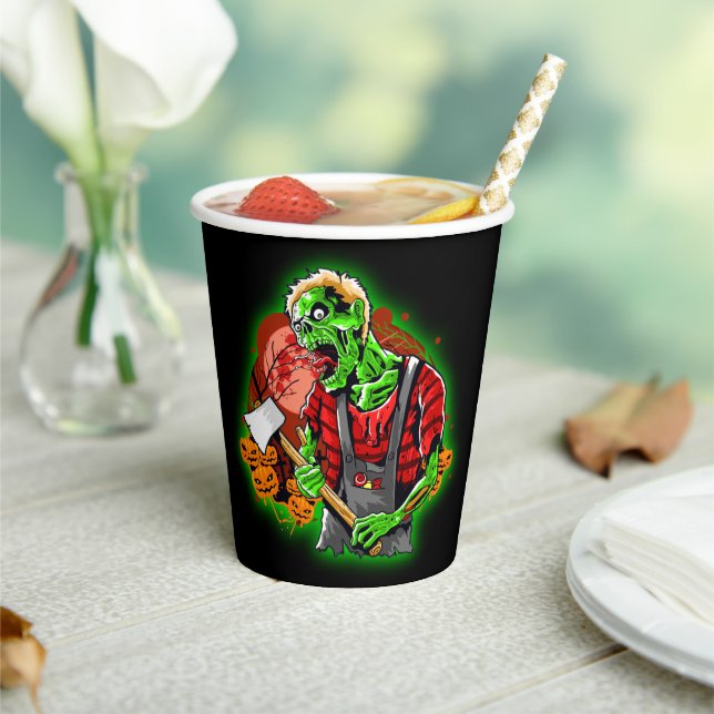 Gobelets En Papier Halloween Funny Green Zombie Ax sur (Insitu)