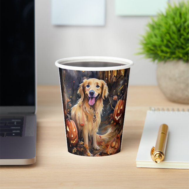 Gobelets En Papier Halloween Golden Retriever avec la peur Citrouille (Insitu)