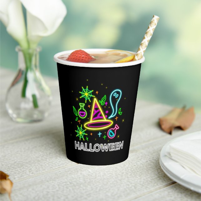Gobelets En Papier Halloween Neon Look Casquette Ghost Web Party (Insitu)