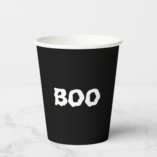 Gobelets En Papier Halloween noir et blanc éffrayant Boo (Recto)