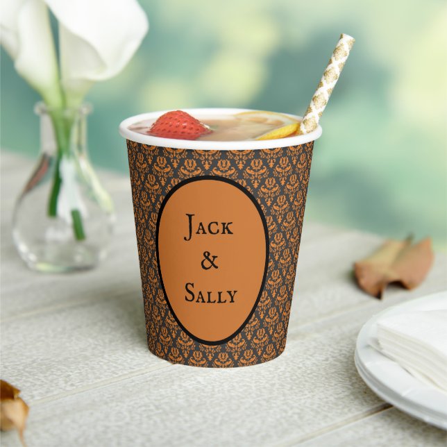 Gobelets En Papier Halloween Victorian Damask Black Orange (Insitu)