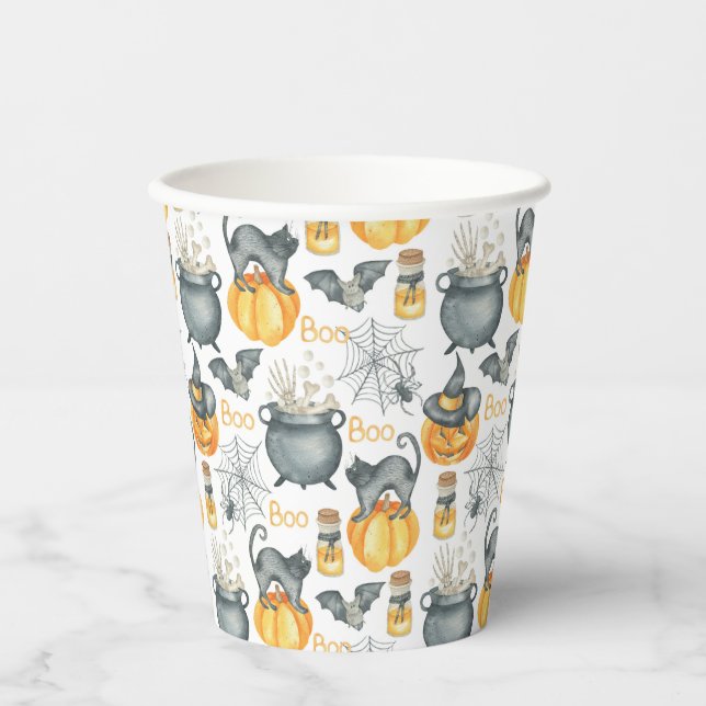 Gobelets En Papier Halloween Whimsical Cauldron et Motif de chats (Recto)