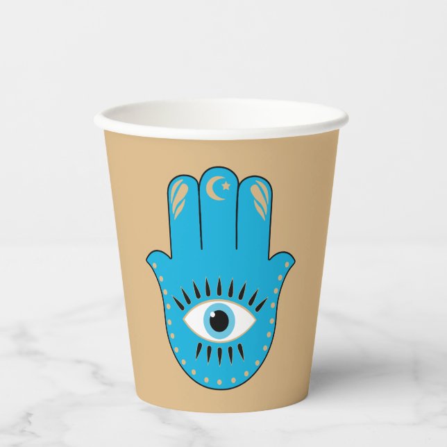 Gobelets En Papier Hamsa main Grec mal Oeil bleu (Recto)