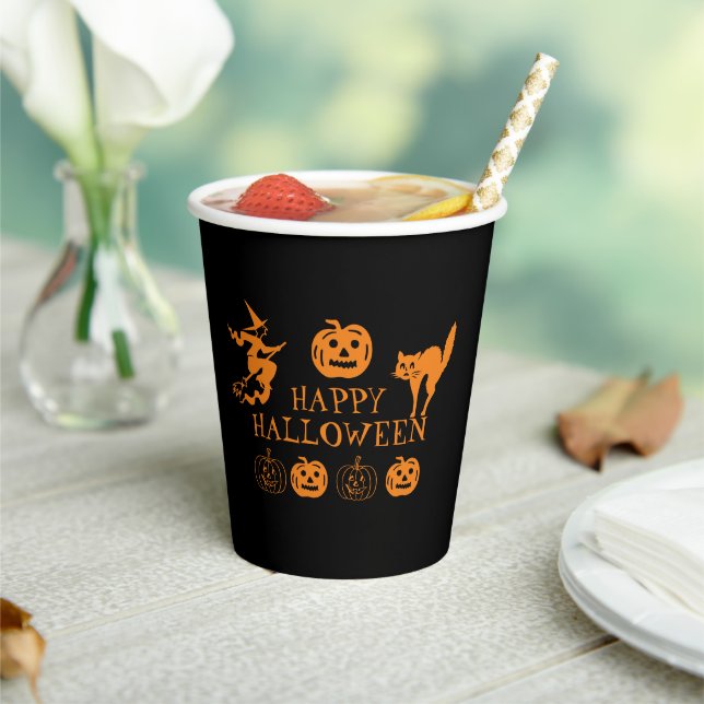 Gobelets En Papier Happy Halloween noir orange éffrayante (Insitu)