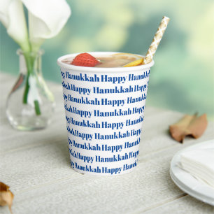 Gobelets En Papier Happy Hanoukka blanc bleu moderne typographie