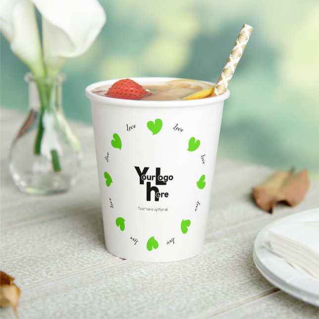 Gobelets En Papier Hearty Hearts Green - Custom Text and Logo (Insitu)
