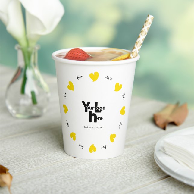 Gobelets En Papier Hearty Hearts Yellow - Custom Text and Logo (Insitu)
