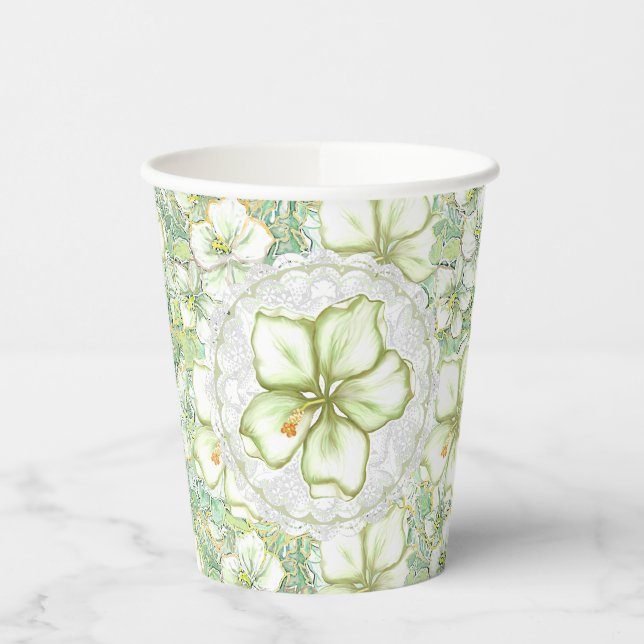Gobelets En Papier Hibiscus & dentelle BLANC (Gauche)