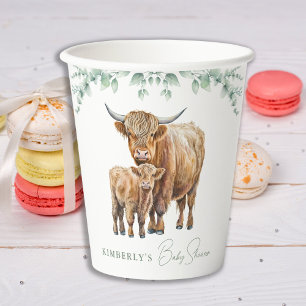 Gobelets En Papier Highland Cow Greenery Boho Farm Baby shower animal