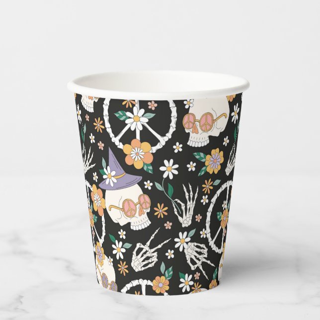 Gobelets En Papier Hippie Halloween Skulls et Fleurs Motif (Recto)