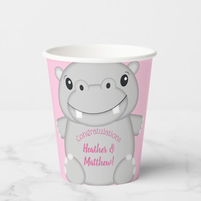 Gobelets En Papier Hippo Baby shower rose (Recto)