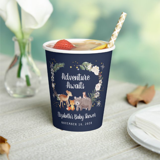 Gobelets En Papier Hiver Bois Animaux Baby shower Bleu (Insitu)