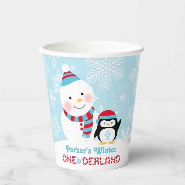 Gobelets En Papier Hiver ONE derland Anniversaire Snowman (Recto)