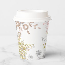 Gobelets En Papier Hiver Onederland Anniversaire Pink Gold Snowflake