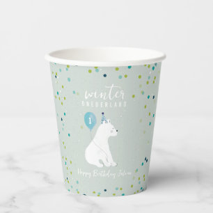 Gobelets En Papier Hiver Onederland Bleu Anniversaire Neige Ours pola